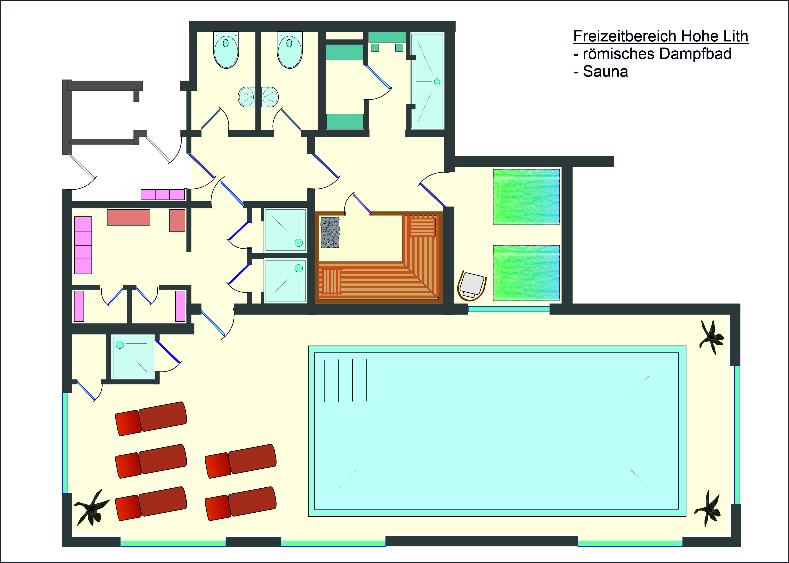 Grundriss des kostenlosen Freizeitbereichs der Residenz Hohe Lith mit Innenpool, Sauna und römischem Dampfbad